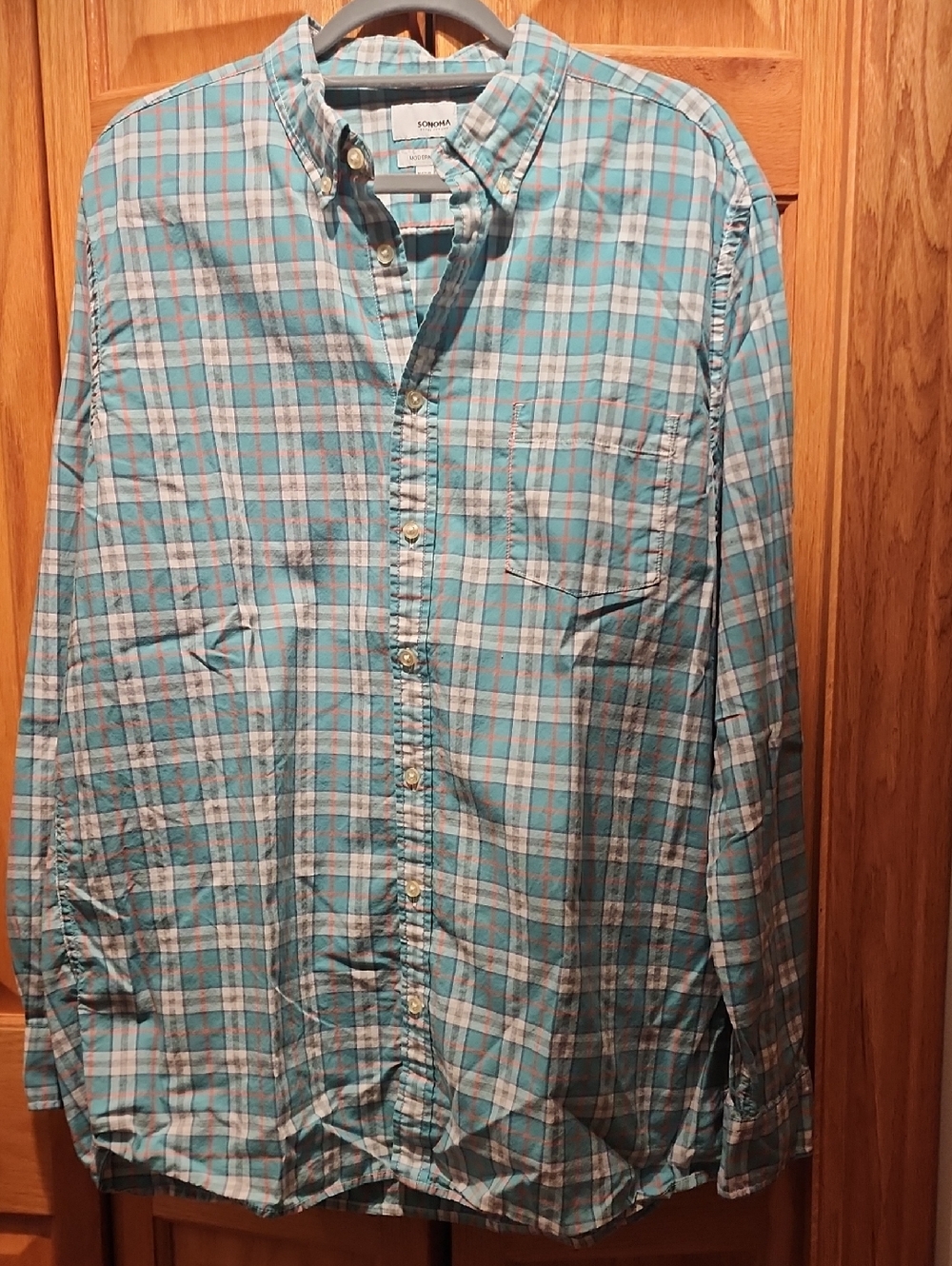 Sonoma Teal and White Plaid Casual Button-Down Shirt